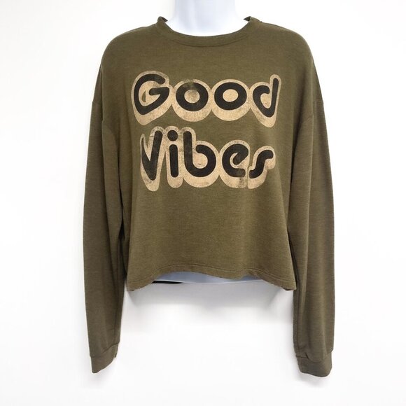 Good Vibes Cropped Graphic Long Sleeve T-Shirt Top Shirt Retro Oversized Small - Picture 1 of 4